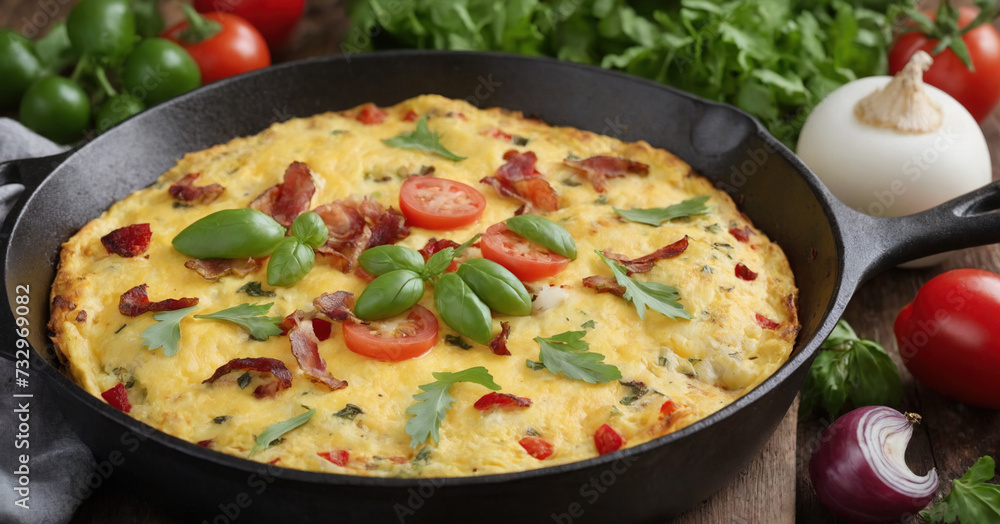 A mouthwatering Spanish frittata, brimming with cheese, peppers, onions, and fresh herbs, sits atop a wooden table against a white background.