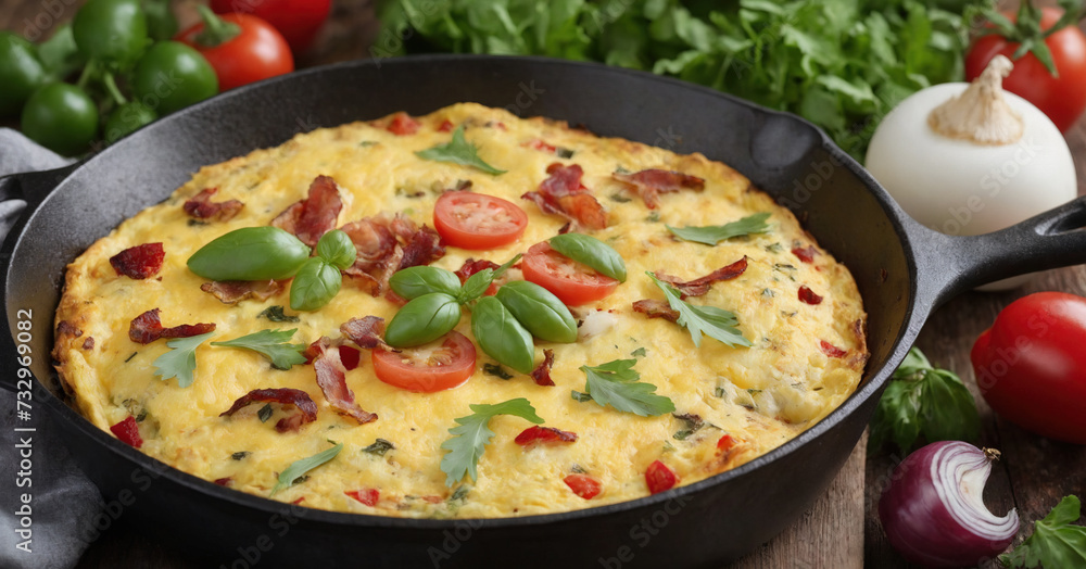 A mouthwatering Spanish frittata, brimming with cheese, peppers, onions, and fresh herbs, sits atop a wooden table against a white background. A mouthwatering Spanish frittata, brimming with cheese, peppers, onions, and fresh herbs, sits atop a wooden table against a white background.