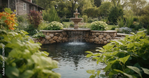 A serene outdoor fountain in a garden setting, with flowing water and lush greenery creating a harmonious scene of natural beauty.