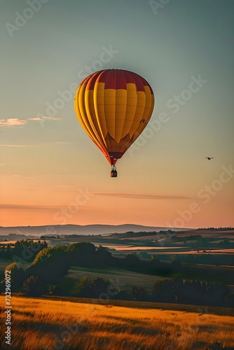 a yellow and red hot air balloon flying over a field © KWY
