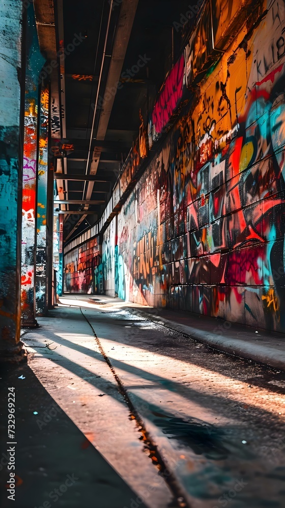 a dark alley with graffiti on the walls