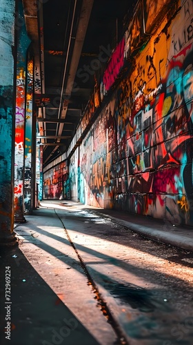 a dark alley with graffiti on the walls