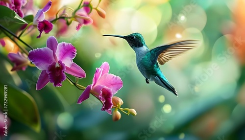 a hummingbird flying over a bunch of purple flowers © KWY