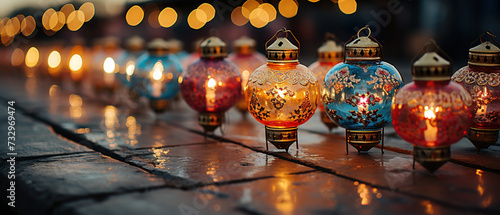 a close up of a row of colorful glass lanterns on a table
