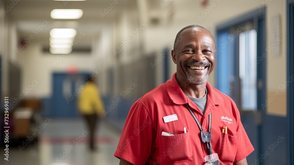 African American school janitor with a smile and a broom standing in a corridor of an educational institution - obrazy, fototapety, plakaty 