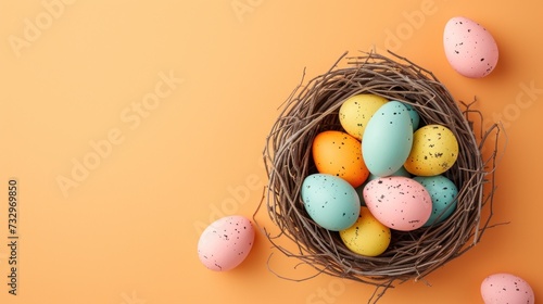 Colorful Easter Nest Flat Lay Vibrant Eggs Nestled in a Whimsical Nest on a Soft Orange Background
