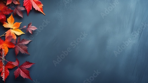 autumn leaves on the wall. Autumn background with colored red leaves on blue slate background. Top view, copy space,