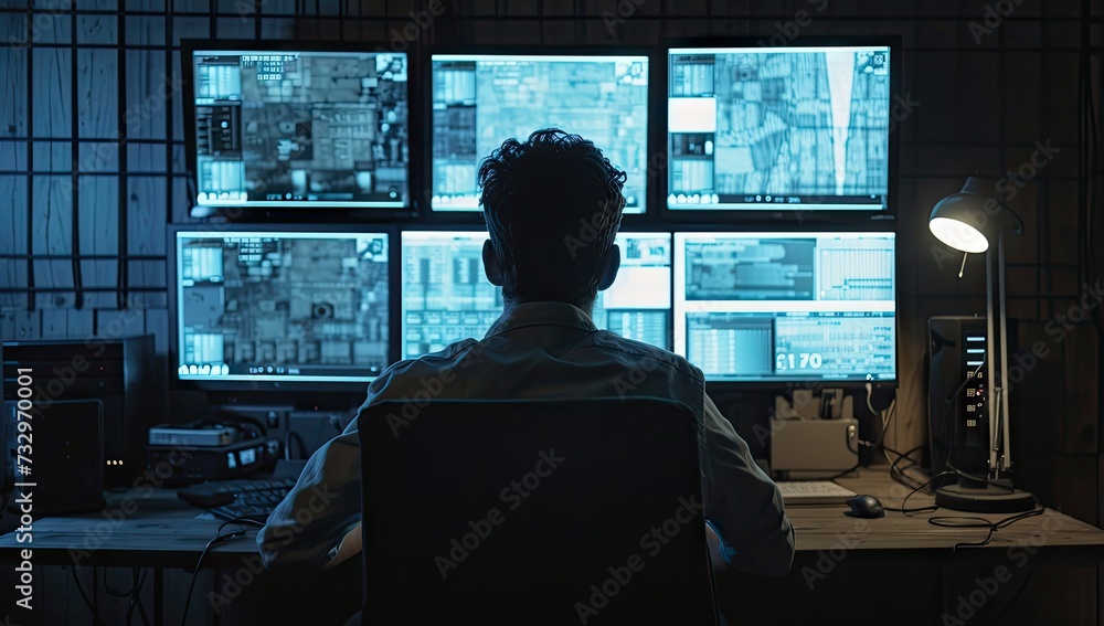 High tech environment focused man works diligently in front of multiple computer screens epitomizing modern nexus of technology and surveillance scene captures intensity and monitoring systems High tech environment focused man works diligently in front of multiple computer screens epitomizing modern nexus of technology and surveillance scene captures intensity and monitoring systems