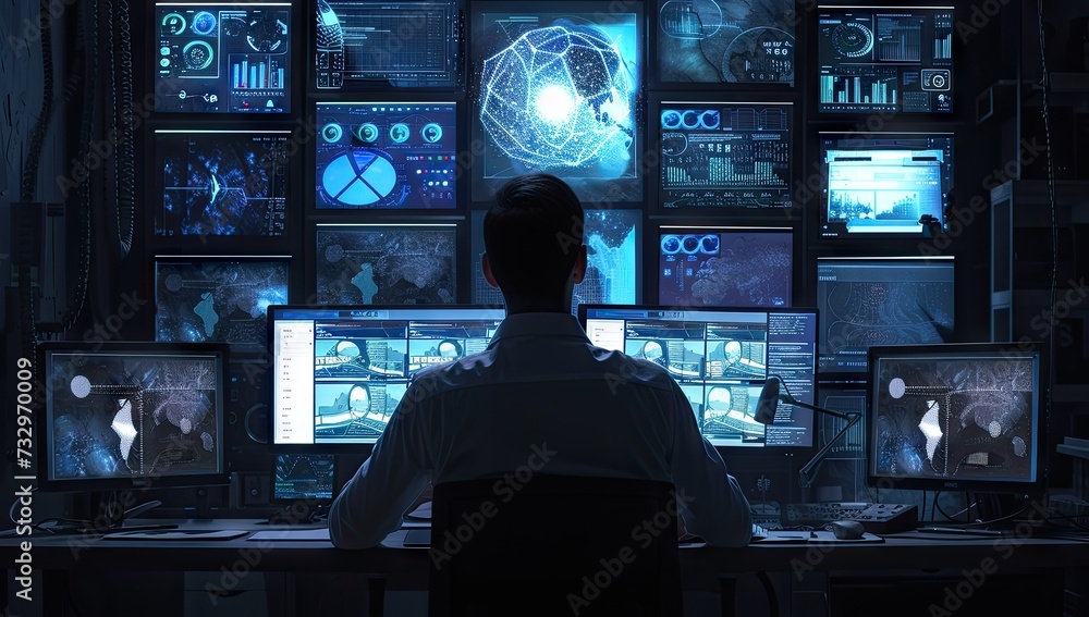 High tech environment focused man works diligently in front of multiple computer screens epitomizing modern nexus of technology and surveillance scene captures intensity and monitoring systems - obrazy, fototapety, plakaty 