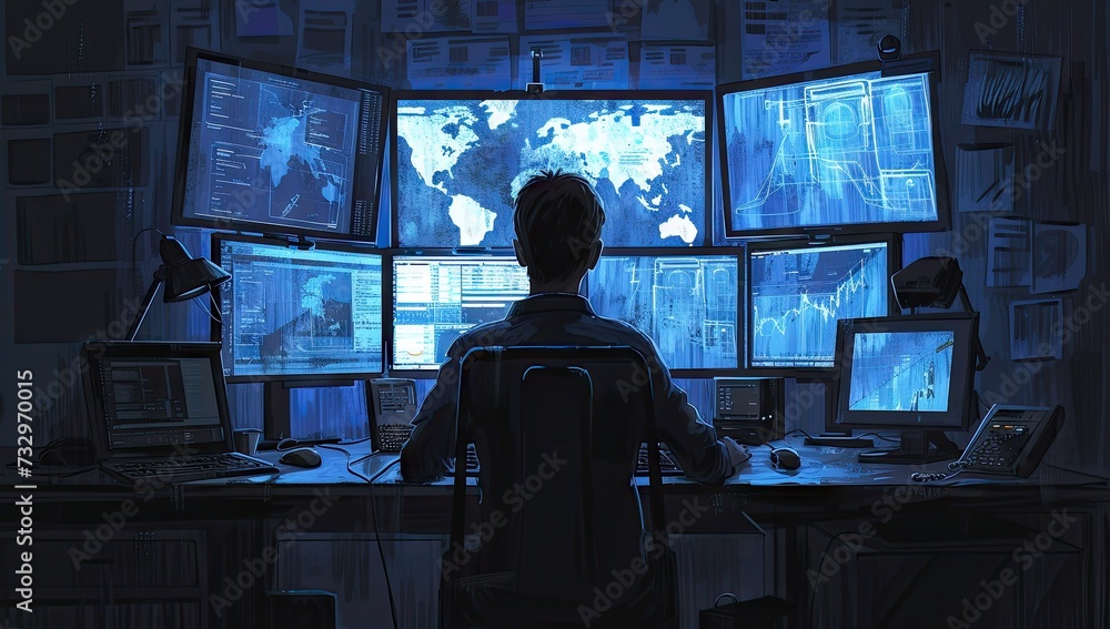 High tech environment focused man works diligently in front of multiple computer screens epitomizing modern nexus of technology and surveillance scene captures intensity and monitoring systems High tech environment focused man works diligently in front of multiple computer screens epitomizing modern nexus of technology and surveillance scene captures intensity and monitoring systems
