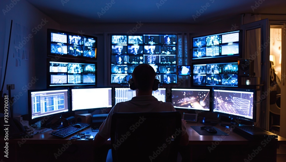 High tech environment focused man works diligently in front of multiple computer screens epitomizing modern nexus of technology and surveillance scene captures intensity and monitoring systems High tech environment focused man works diligently in front of multiple computer screens epitomizing modern nexus of technology and surveillance scene captures intensity and monitoring systems