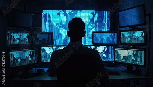 High tech environment focused man works diligently in front of multiple computer screens epitomizing modern nexus of technology and surveillance scene captures intensity and monitoring systems