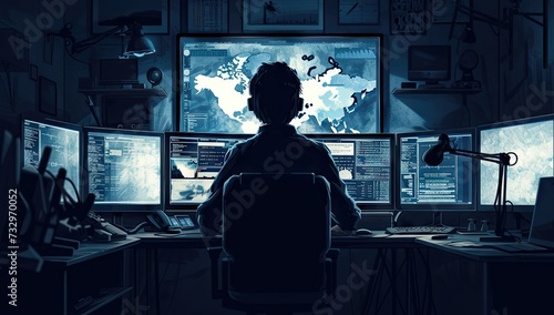 High tech environment focused man works diligently in front of multiple computer screens epitomizing modern nexus of technology and surveillance scene captures intensity and monitoring systems