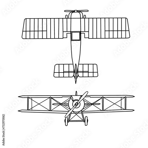 Technical sketch drawing Illustration of 1900's vintage aircraft line art, Biplane silhouette with white detail lines, outline vector doodle illustration, top and front view isolated on white