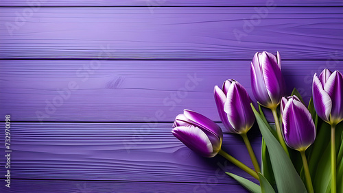 Violet tulips on a violet wooden background.