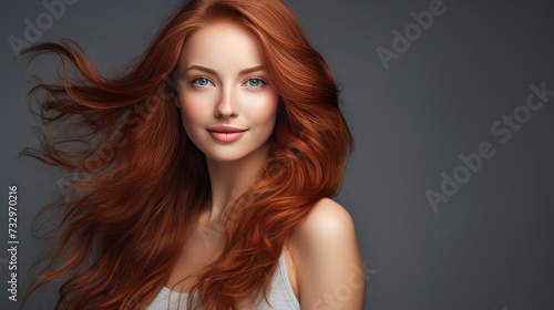 Portrait of an elegant, sexy smiling woman with perfect skin and long red hair, on a gray background, banner.