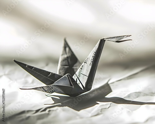 a black and white photo of an origami bird