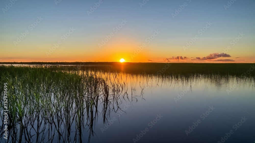 View of the sunset and the lively grass on the lake