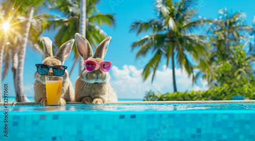 Cute Easter bunnies on tropical vacation wearing sunglasses next to swimming pool under palm trees