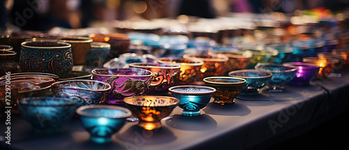 a many different colored glass bowls on a table