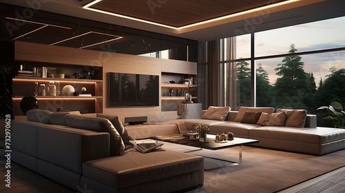 A modern family entertainment room with a sectional sofa and a media wall