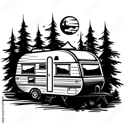 caravan house camping, Camping trailer mobility camper caravan summer travel road trip isometric vintage icon vector