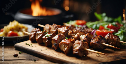 Grilled meat skewers, shish kebab with vegetables photo