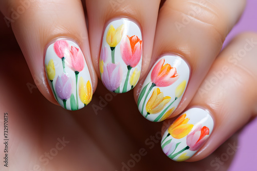 Close up of woman's fingernails with spring themed nail polish with tulip flower art deisgn