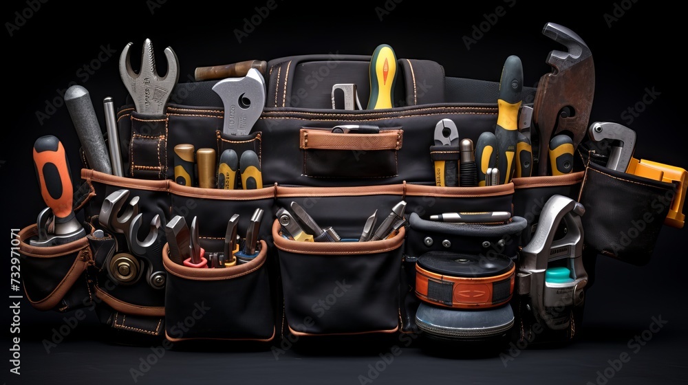 Various construction tools in a leather tool belt on a wooden table with a dark background Various construction tools in a leather tool belt on a wooden table with a dark background