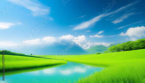 青空と川と緑 AI画像 ジェネレーティブ AI