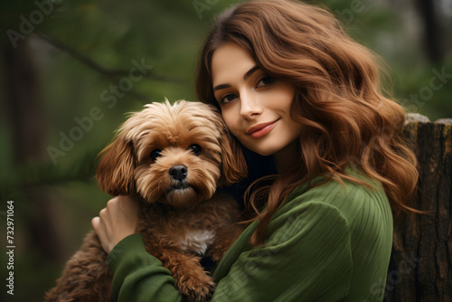 Brunette young woman hugging her dog