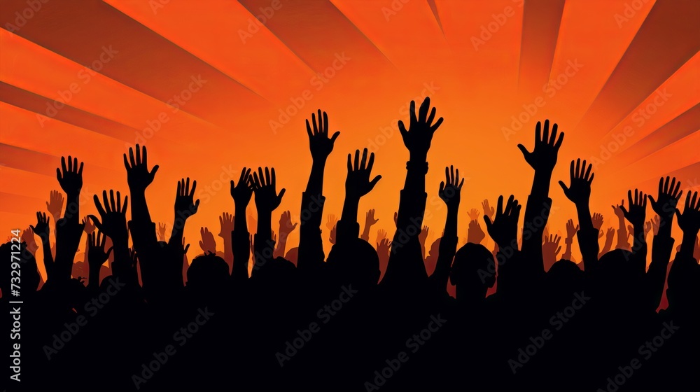 Vector illustration of diverse people raising their hands in various gestures and expressions