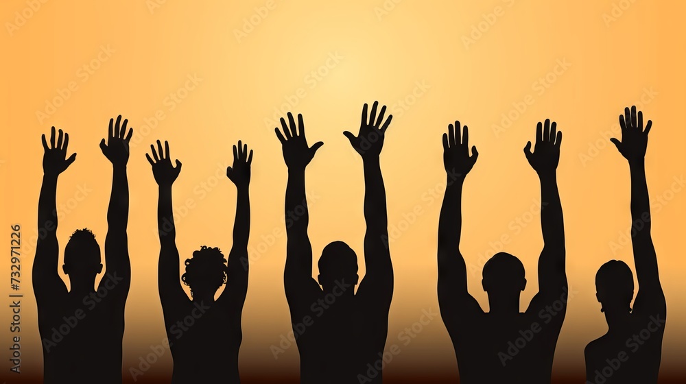 Vector illustration of diverse people raising their hands in various gestures and expressions
