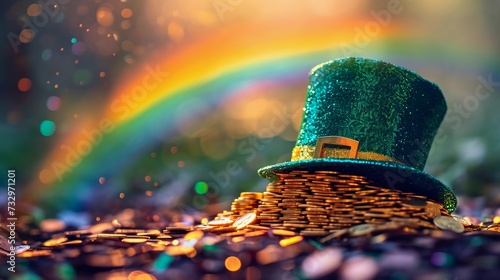 Whimsical leprechaun hat resting on a pile of shiny gold coins. Blurred background with vibrant rainbow. Wide-format St. Patrick's Day banner. AI Generated photo