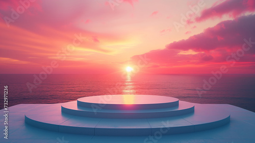 Empty white podium on beautiful pink sunset background. for product presentation. © All_Podium