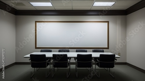 Modern and minimalist black meeting room with white screen and chairs