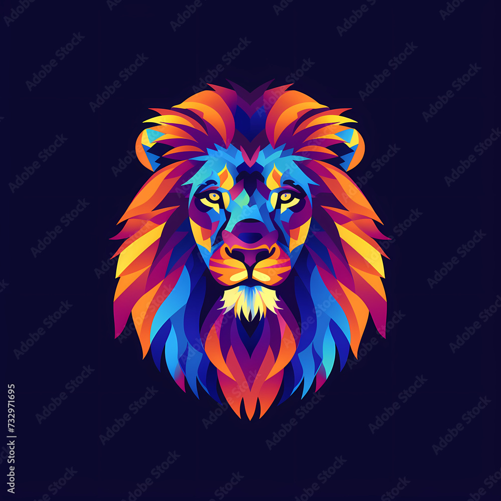 Colorful flat vector logo of a lion head, pixel art, monochrome background, design, voxel art