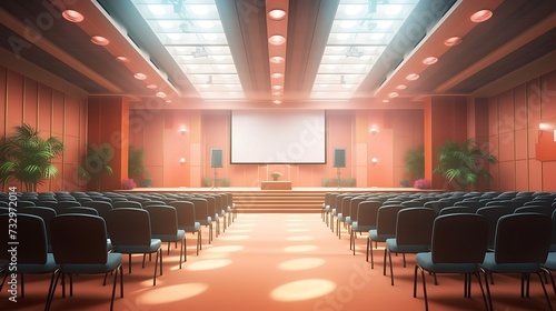 A modern conference hall setup with rows of comfortable chairs and a stage