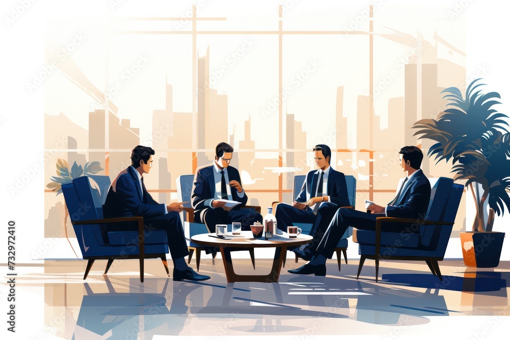 Corporate executives engage in a focused discussion against in a modern office setting. Corporate executives engage in a focused discussion against in a modern office setting.