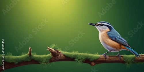 a bird sitting on top of a tree branch next to a branch with grass growing on it and a bright green background.