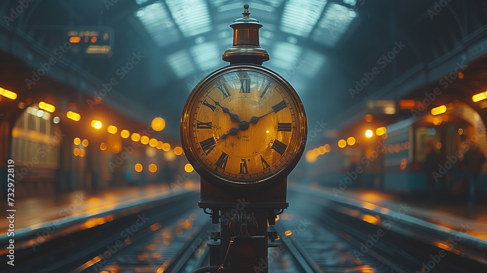 Clock in railway station. - obrazy, fototapety, plakaty 