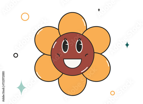 Groovy happy flower character with eyes and smile.  Hippie 70s style. Sticker, label, t-shirt design in trendy retro style. Vector illustration isolated on a white background