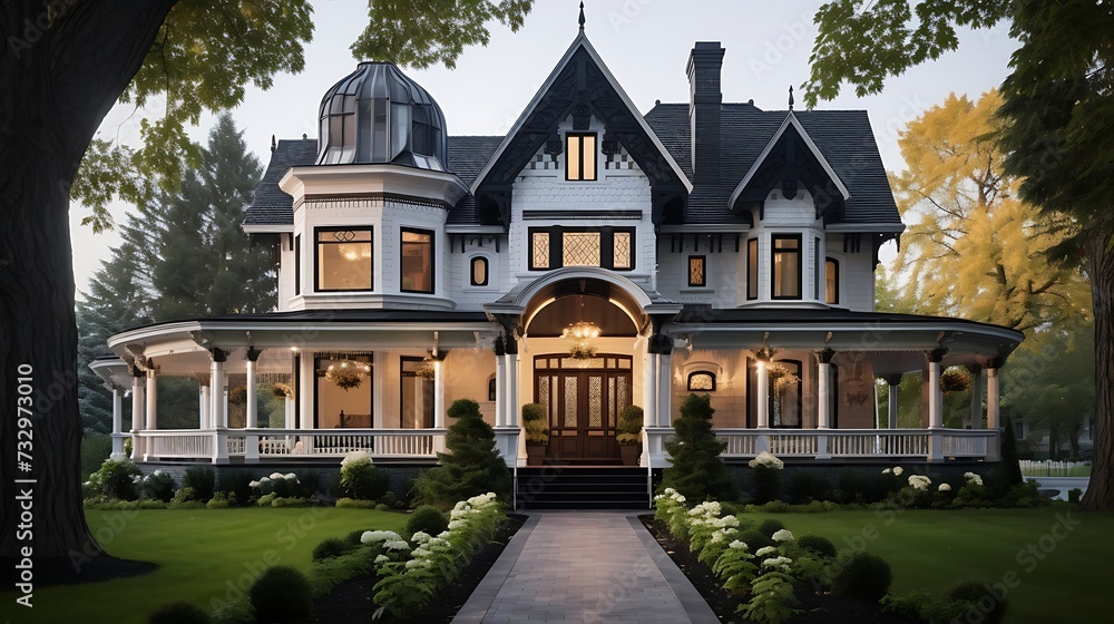 A modernized Victorian-style home with a blend of classic architecture and modern interior design - obrazy, fototapety, plakaty 