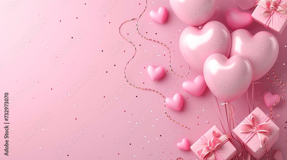 
Beautiful pink birthday background with inflated helium balloons in the shape of hearts and gifts on the side with space for text, 