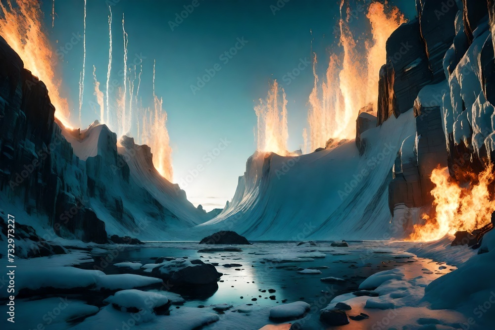A High-Definition Image Encompassing the Captivating Fusion of Fire and Ice, Converging in a Dazzling Display of Vivid Hues and Stark Contrasts, Evoking a Mesmerizing Tapestry of Natural Beauty and Tr