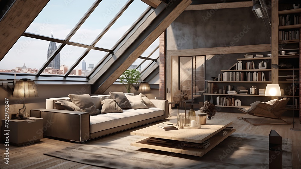A modernized loft space with multifunctional furniture for urban living - obrazy, fototapety, plakaty 