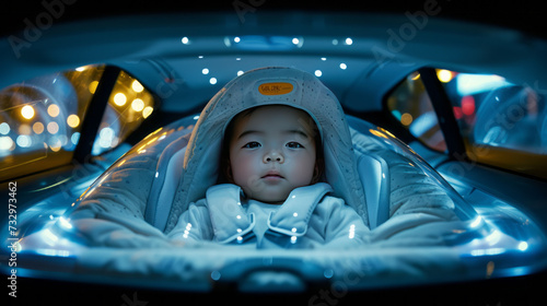 A newborn in child's removable seat in a car for safety,generative ai © LomaPari2021