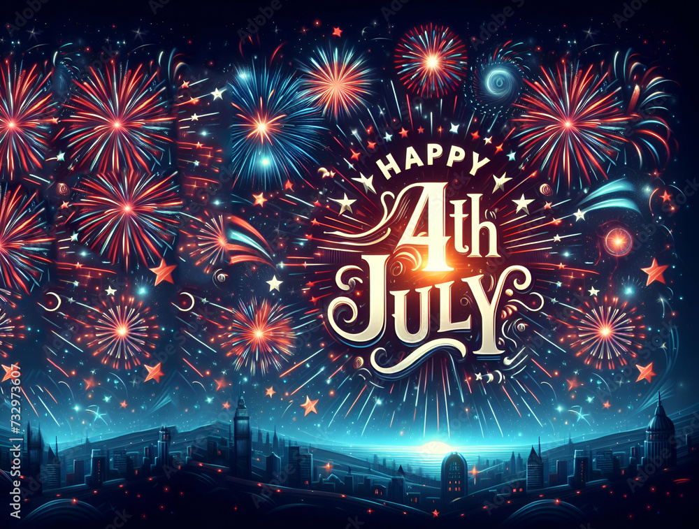 Happy Independence day, 4th July national holiday .abstract gold, black and blue glitter background with fireworks ai generative