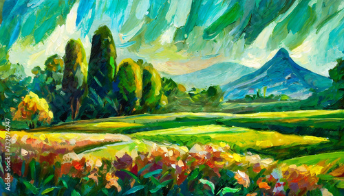 Foto Oil painting garden or meadow in the forest landscape, mountain, trees and flowe
