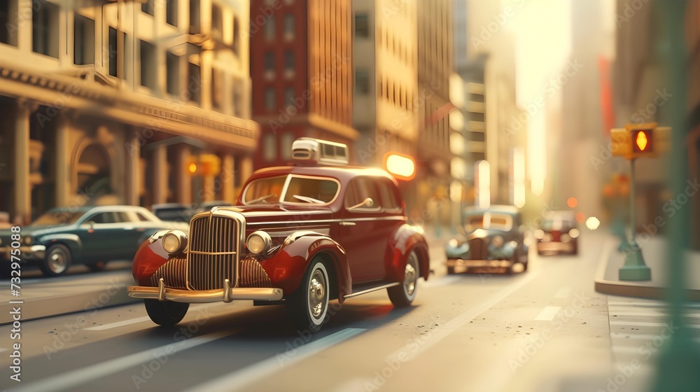 A classic vintage car adds a touch of elegance as it cruises down a city street bathed in the warm, golden glow of the sun.